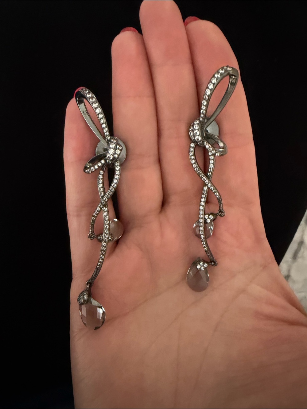 BCBGMaxAzria Gunmetal Ribbon & Crystal Drop Earrings